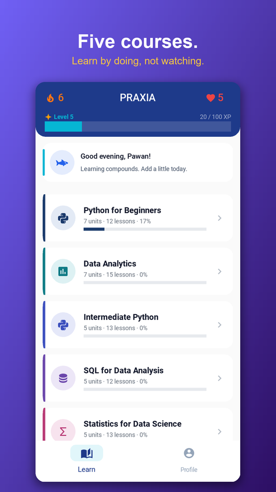 Praxia home screen showing the five courses