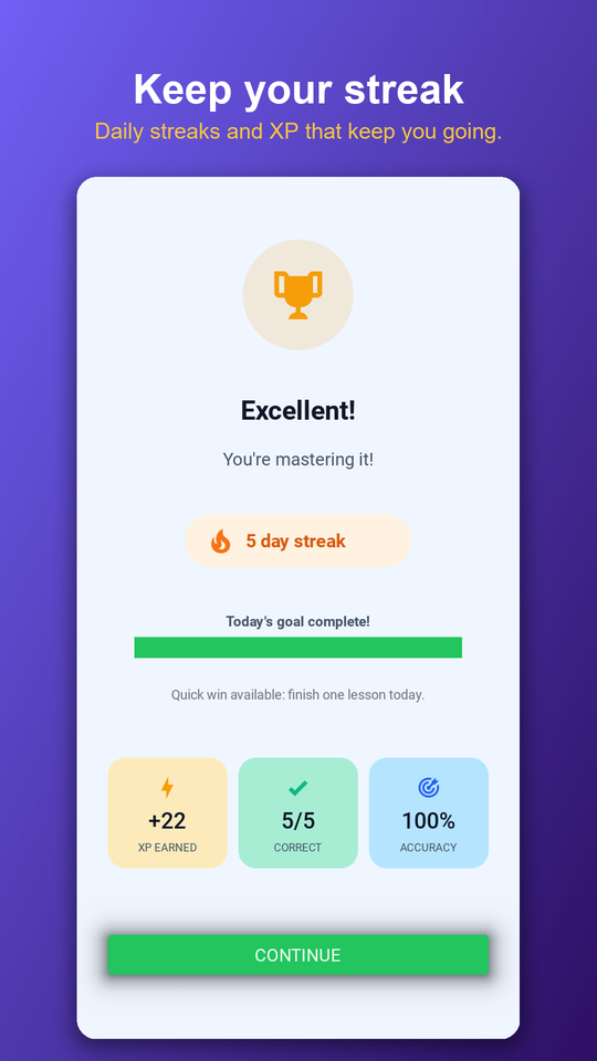 Daily streak after finishing a lesson